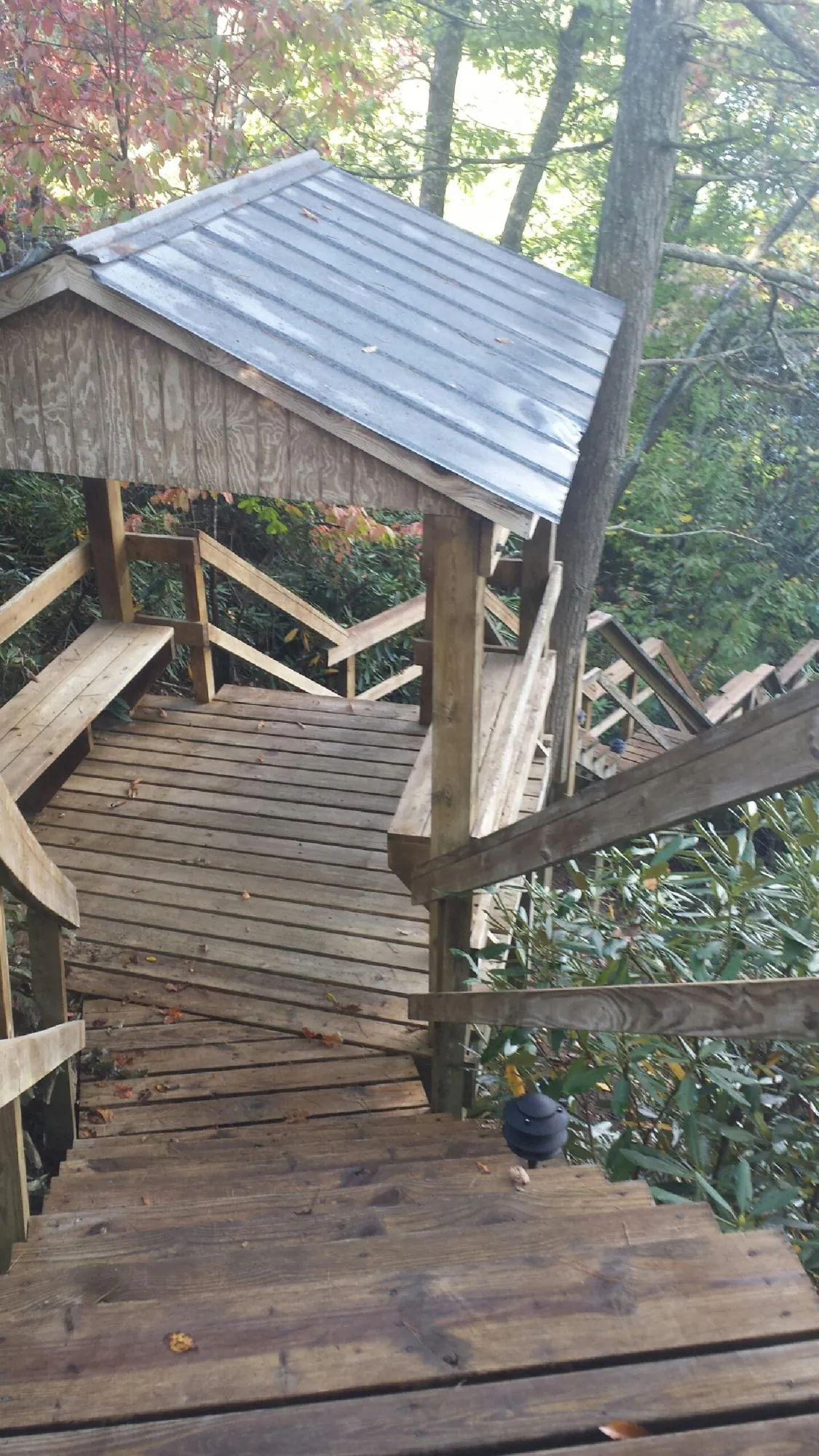Metal roofed shelter over wooden steps on a wooded walkway — Skylight Repair & Installation work by our crew in Beech Bottom